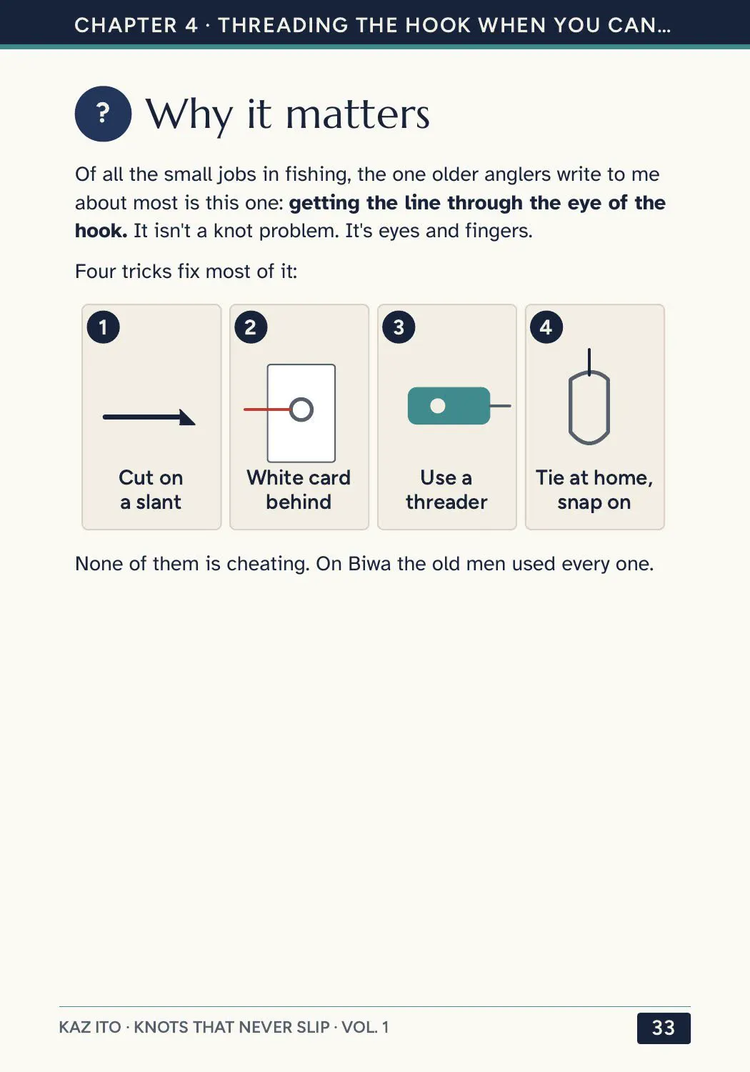 Vol. I, page 33: four tricks for threading the hook